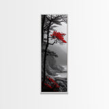 Red Tree, Misty Coast, Autumn Serenity, Coastal Nature Wall Art, Framed Canvas Print, Moody Landscape, Fall Living Room Decor, Minimalist Art
