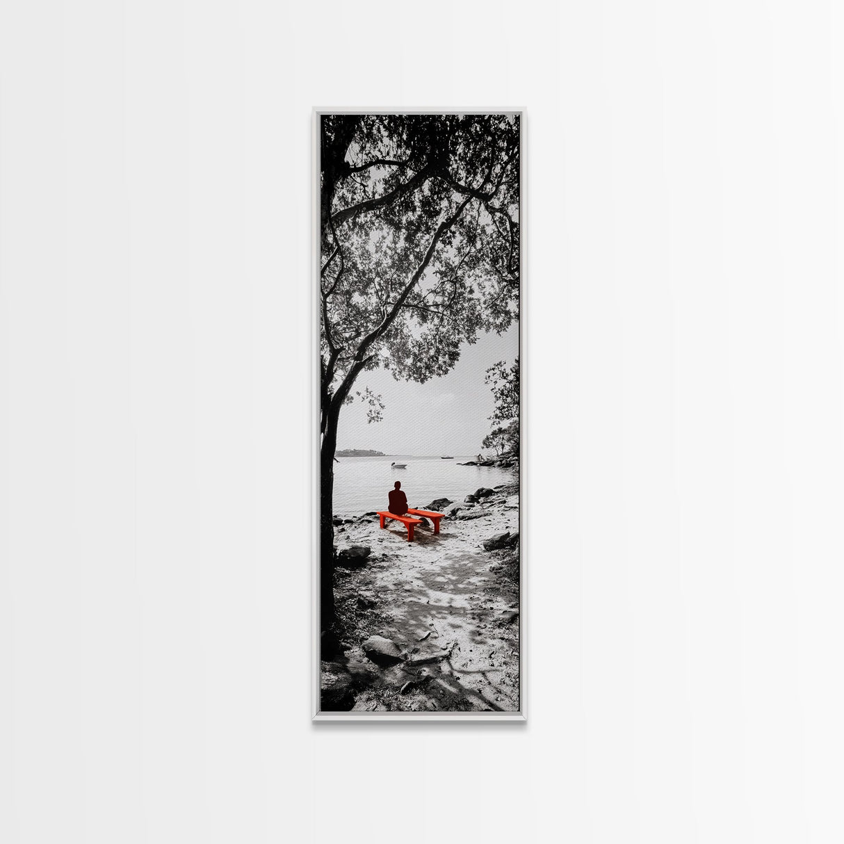 Lonely Figure, Red Bench, Reflective Scene, Peaceful Beach Wall Art, Framed Canvas Print, Black and White Photography, Zen Room Decor