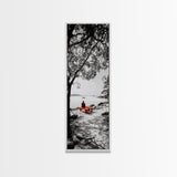 Lonely Figure, Red Bench, Reflective Scene, Peaceful Beach Wall Art, Framed Canvas Print, Black and White Photography, Zen Room Decor
