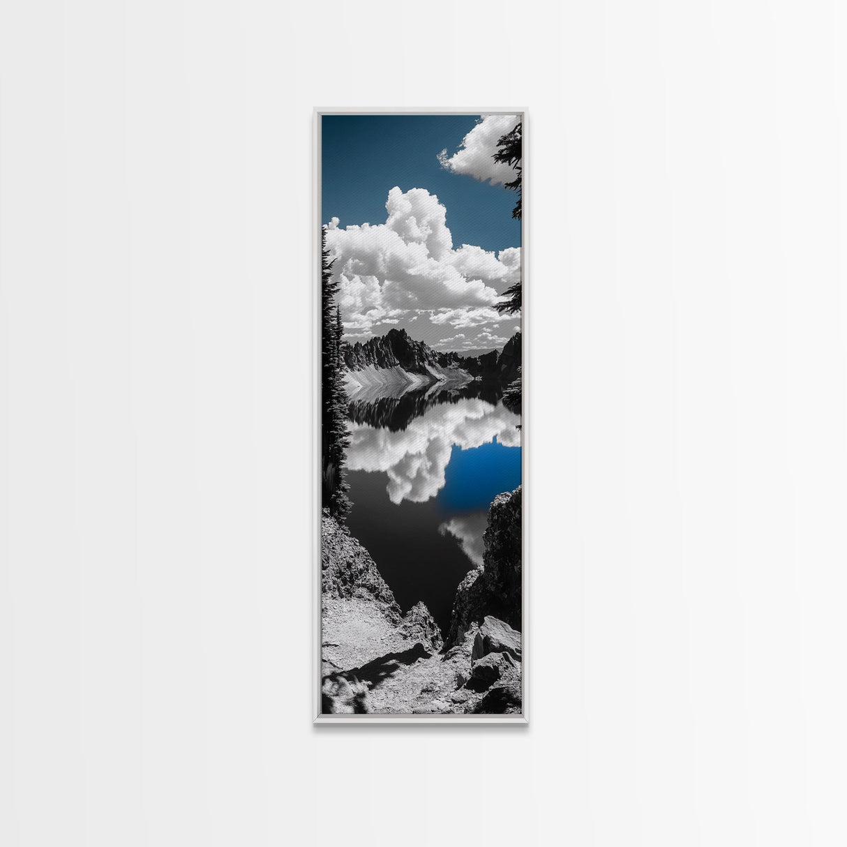 Reflected Clouds, Blue Sky, Mountain Lake, Wilderness Escape, Scenic Nature Art, Framed Canvas Print, Tranquil Office Wall Decor