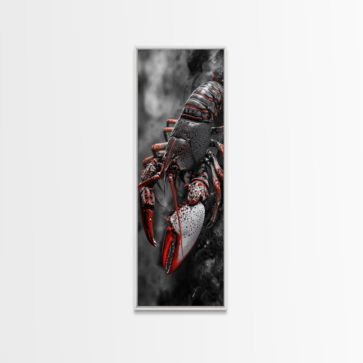 Red Lobster, Detailed Sea Art, Macro Crustacean, Dark Marine Art, Striking Coastal Piece, Framed Canvas Print, Moody Office Wall Decor