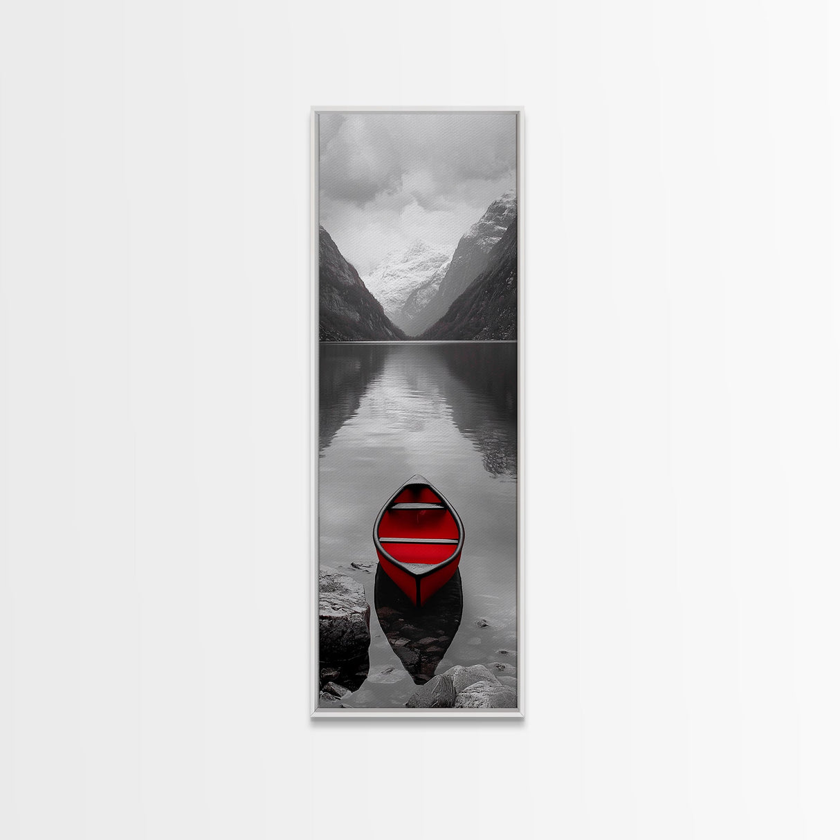 Red Canoe, Mountain Lake, Minimalist Reflection, Snowy Peaks, Framed Canvas Print, Nordic Cabin Wall Art, Serene Bedroom Decor