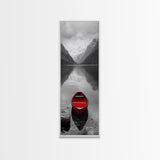 Red Canoe, Mountain Lake, Minimalist Reflection, Snowy Peaks, Framed Canvas Print, Nordic Cabin Wall Art, Serene Bedroom Decor