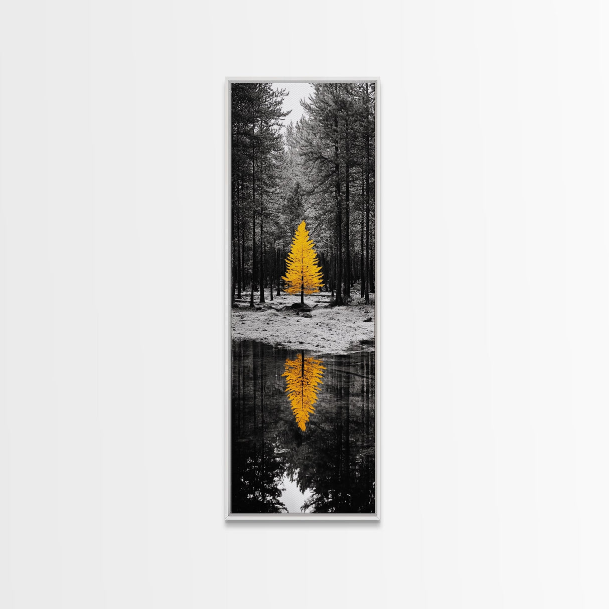 Golden Tree, Forest Reflection, Autumn Solitude, Nature Focused Minimalism, Framed Canvas Print, Zen Bathroom or Office Wall Art