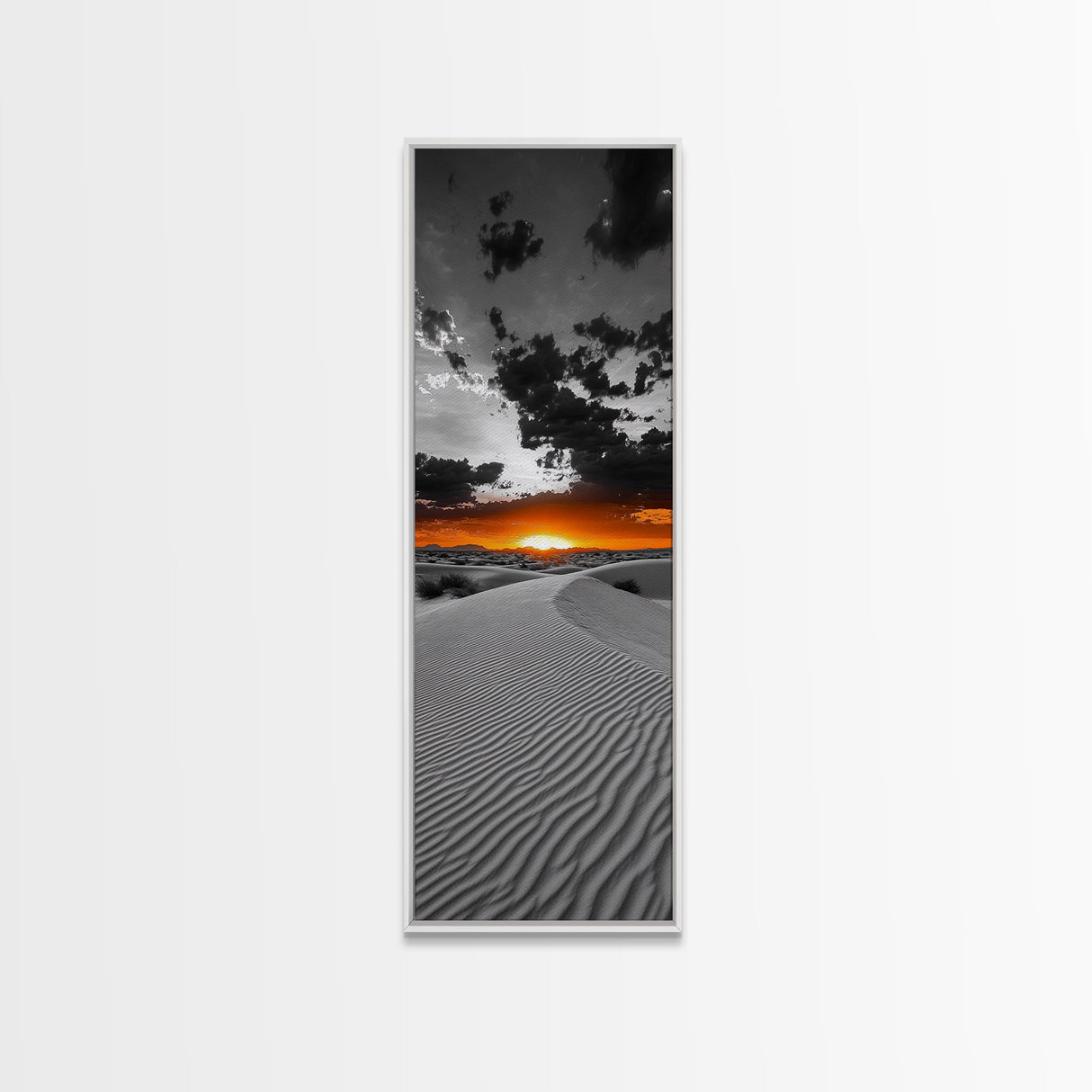 Desert Sunset, Sand Dunes, Fiery Horizon, Dramatic Sky, Framed Canvas Print, Modern Living Room Wall Art, Boho Earth Tone Decor