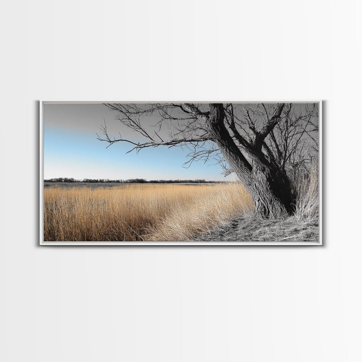 Open Plains, Blue Sky, Rustic Tree, Minimalist Field, Canvas Print, Country Style Wall Art, Farmhouse Hallway Decor, Soft Landscape Mood