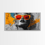 Retro Glam, Bold Woman, Pop Art Fashion, Orange Splash, Framed Canvas Print, Bedroom Wall Art, Modern Glam Decor, Statement Wall Piece