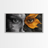 Eyes, Autumn, Leaves, Emotional duality in surreal leaf-face art on this Framed Canvas Print, Fall Decor and Unique Modern Living Room Art