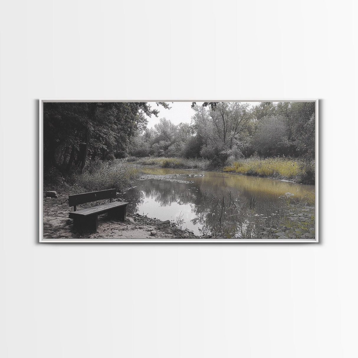 Tranquil Forest, Peaceful Pond, Autumn Riverbank, Framed Canvas Print, Nature Photography, Entryway Art, Fall Vibes, Rustic Wall Decor