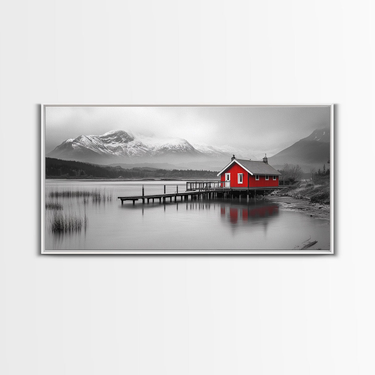Red Cabin, Lake House, Mountain Reflection, Framed Canvas Print, Nordic Art, Winter Landscape, Bedroom Wall Art, Modern Minimalist Decor