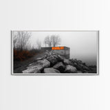 Fog Wall, Concrete Graffiti, Misty Lake Path, Framed Canvas Print, Urban Nature Blend, Moody Art, Hallway Decor, Modern Grayscale Style