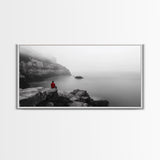 Red Hoodie, Ocean Cliff, Misty Silence, Framed Canvas Print, Minimalist Solitude Art, Mental Health Awareness, Bedroom Wall Decor, Calm Scene