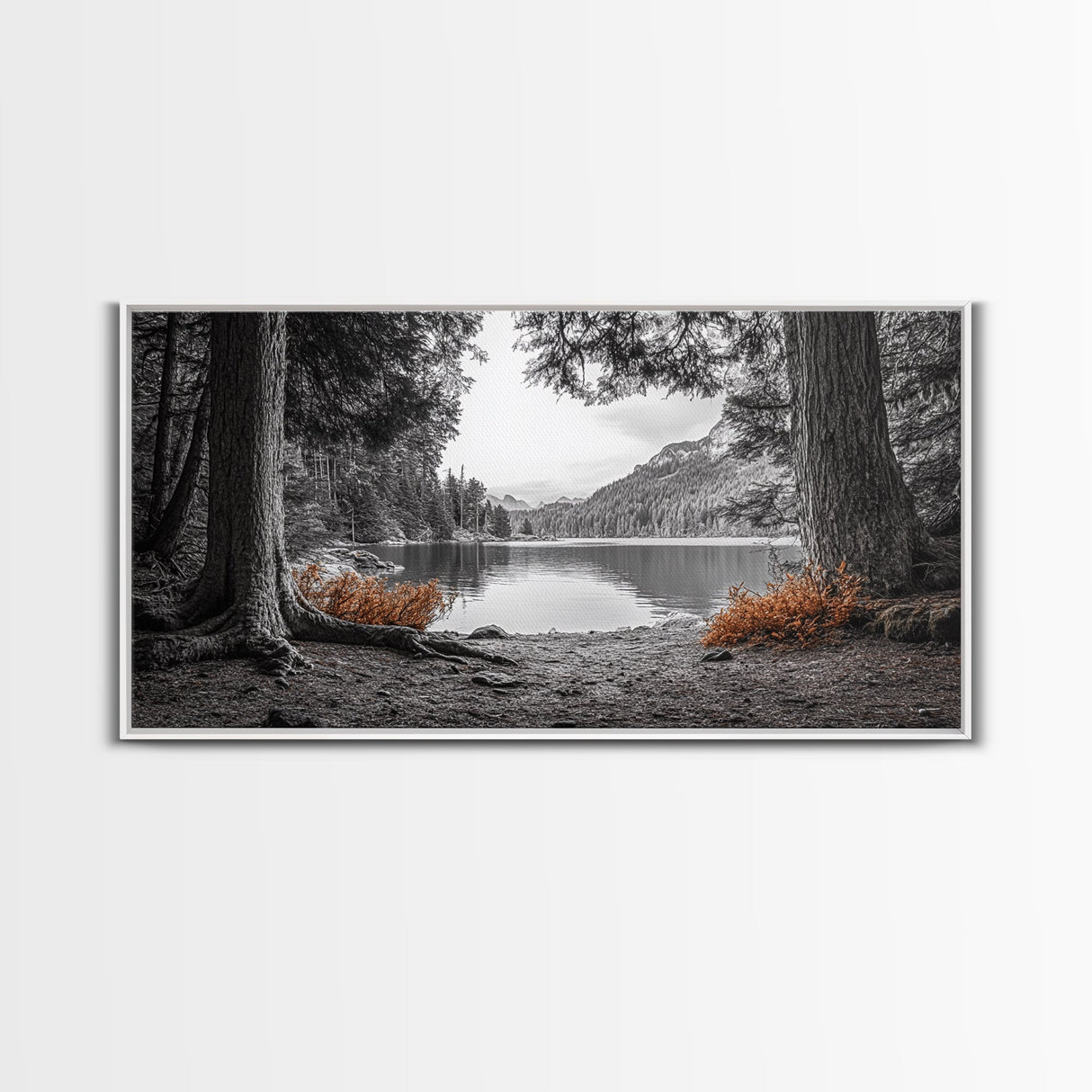 Forest Lake, Autumn Leaves, Nature Path, Woodland Style, Framed Canvas Print, Rustic Wall Art, Entryway Art, Cabin Wall Decor
