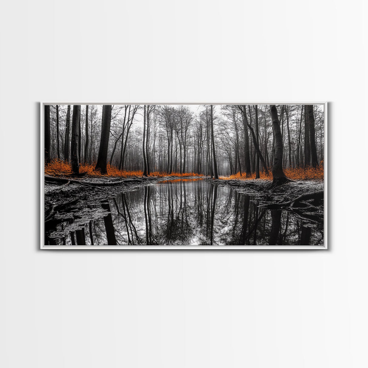 Reflected Forest, Orange Leaves, Tranquil River, Monochrome Fall, Canvas Print, Rustic Decor, Bedroom Wall Art, Woodland Scene