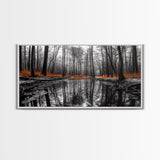 Reflected Forest, Orange Leaves, Tranquil River, Monochrome Fall, Canvas Print, Rustic Decor, Bedroom Wall Art, Woodland Scene