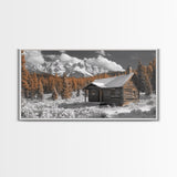 Snowy Cabin, Winter Landscape, Mountain Lodge, Rustic Retreat, Framed Canvas Print, Cozy Wall Art, Cabin Living, Holiday Decor