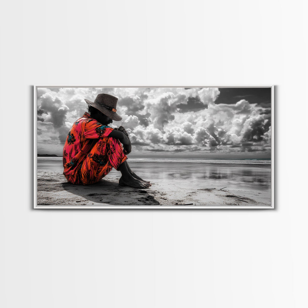 Island Dreaming, Beach Vibes, Serene Reflection, Cultural Portrait, Framed Canvas Print, Living Room Wall Art, Peaceful Coastal Scene