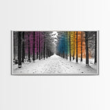 Snowy Pines, Rainbow Forest, Winter Walkway, Colorful Trees, Canvas Print, Whimsical Art, Nursery Wall Art, Minimalist Nature Style