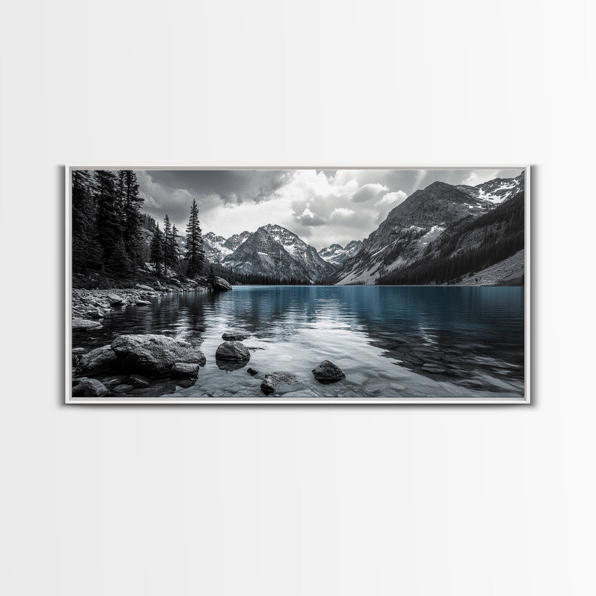 Tranquil Lake, Mountain View, Nature Calm, Winter Reflections, Framed Canvas Print, Living Room Wall Art, Serene Landscape Photography