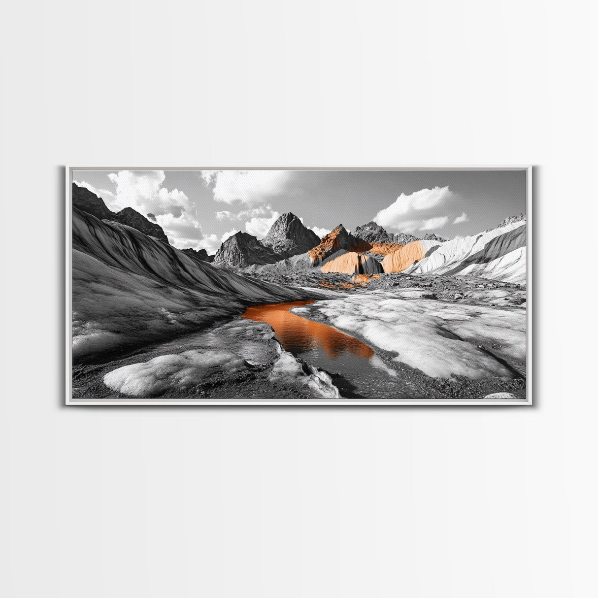 Glacial Canyon, Orange Reflection, Monochrome Mountain, Fall Landscape, Framed Canvas Print, Rustic Wall Decor, Adventure Photography