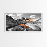 Glacial Canyon, Orange Reflection, Monochrome Mountain, Fall Landscape, Framed Canvas Print, Rustic Wall Decor, Adventure Photography