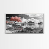 Pink Tree, Island Dreams, Serene Water, Tropical Sky, Framed Canvas Print, Boho Wall Art, Bedroom Decor, Black and White Landscape