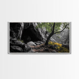 Forest Cave, Green Tree, Yellow Wildflowers, Peaceful Nature, Framed Canvas Print, Rustic Wall Decor, Cabin Living Room Art, Landscape