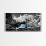 Hidden Cove, Blue Waters, Rugged Coast, Rocky Escape, Canvas Print, Nature Wall Art, Minimalist Seascape, Monochrome Landscape