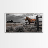 Rustic Horse, Country Fence, Western Scene, Moody Skies – Framed Canvas Print, Farmhouse Wall Art, Autumn Decor, Cabin Living, Cowboy Vibe