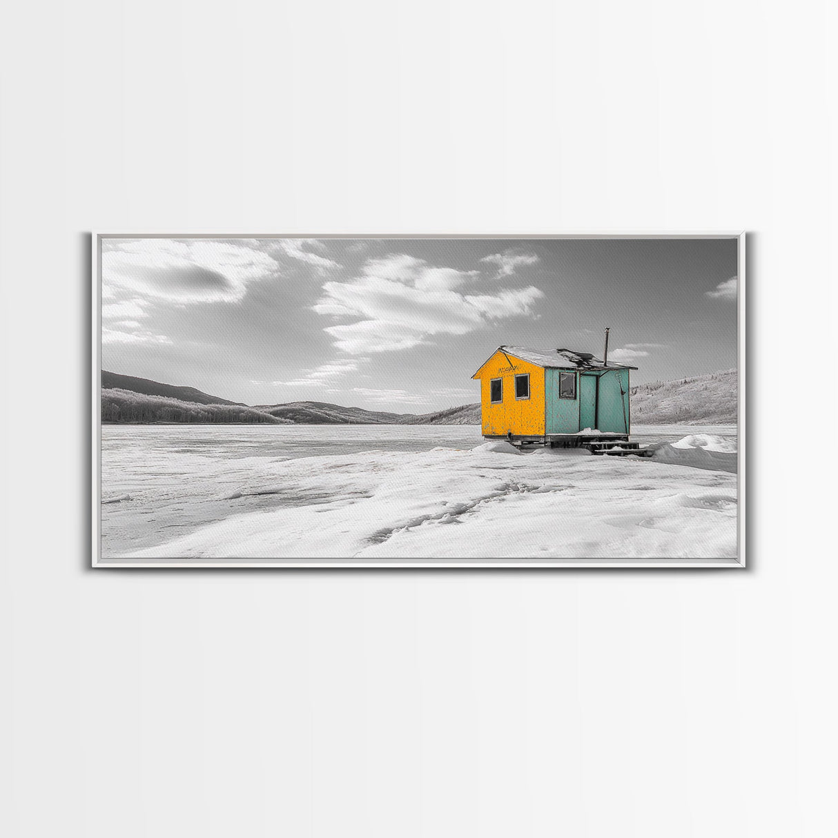 Yellow Cabin, Frozen Lake, Snowy Escape, Winter Minimalism – Framed Canvas Print, Scandinavian Wall Art, Cozy Living Room, Nordic Style