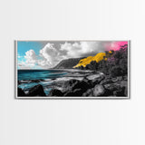 Vibrant Coastline, Yellow Cliff, Blue Ocean, Tropical Escape – Framed Canvas Print, Beach Wall Art, Boho Decor, Hawaii Inspired Room Vibe