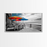 Ocean Café, Coastal Dining, Bright Umbrellas, Seaside View, Framed Canvas Print, Kitchen Wall Art, Beachfront Vibe, Color Pop Style