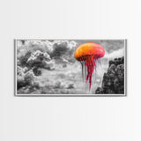 Orange Jellyfish, Floating Creature, Surreal Sky, Dreamlike Scene – Canvas Print, Nautical Wall Art, Living Room Piece, Ocean Fantasy