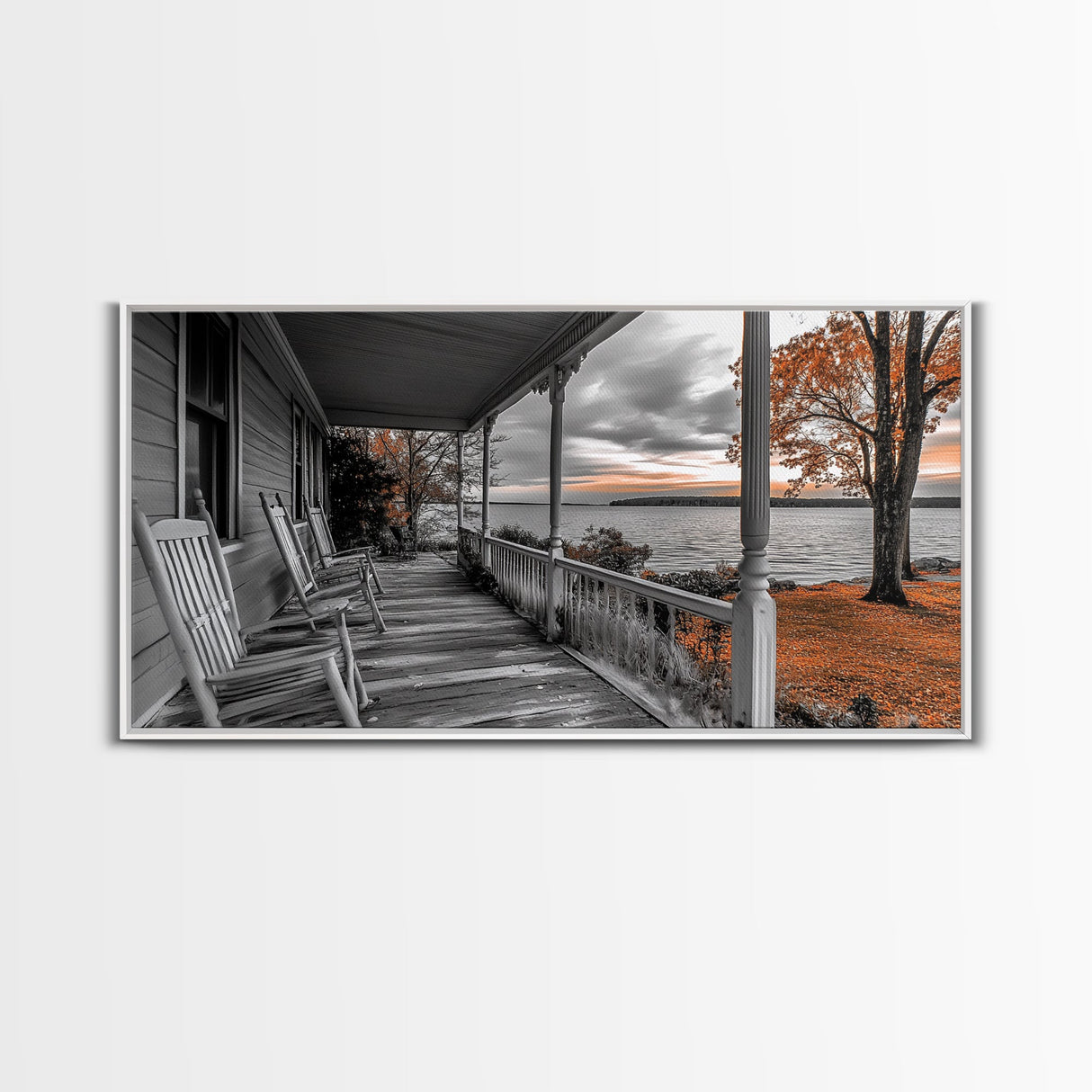 Lake Porch, Autumn Trees, Rocking Chairs, Sunset Serenity – Canvas Print, Fall Wall Art, Country Home Decor, Rustic Americana Landscape
