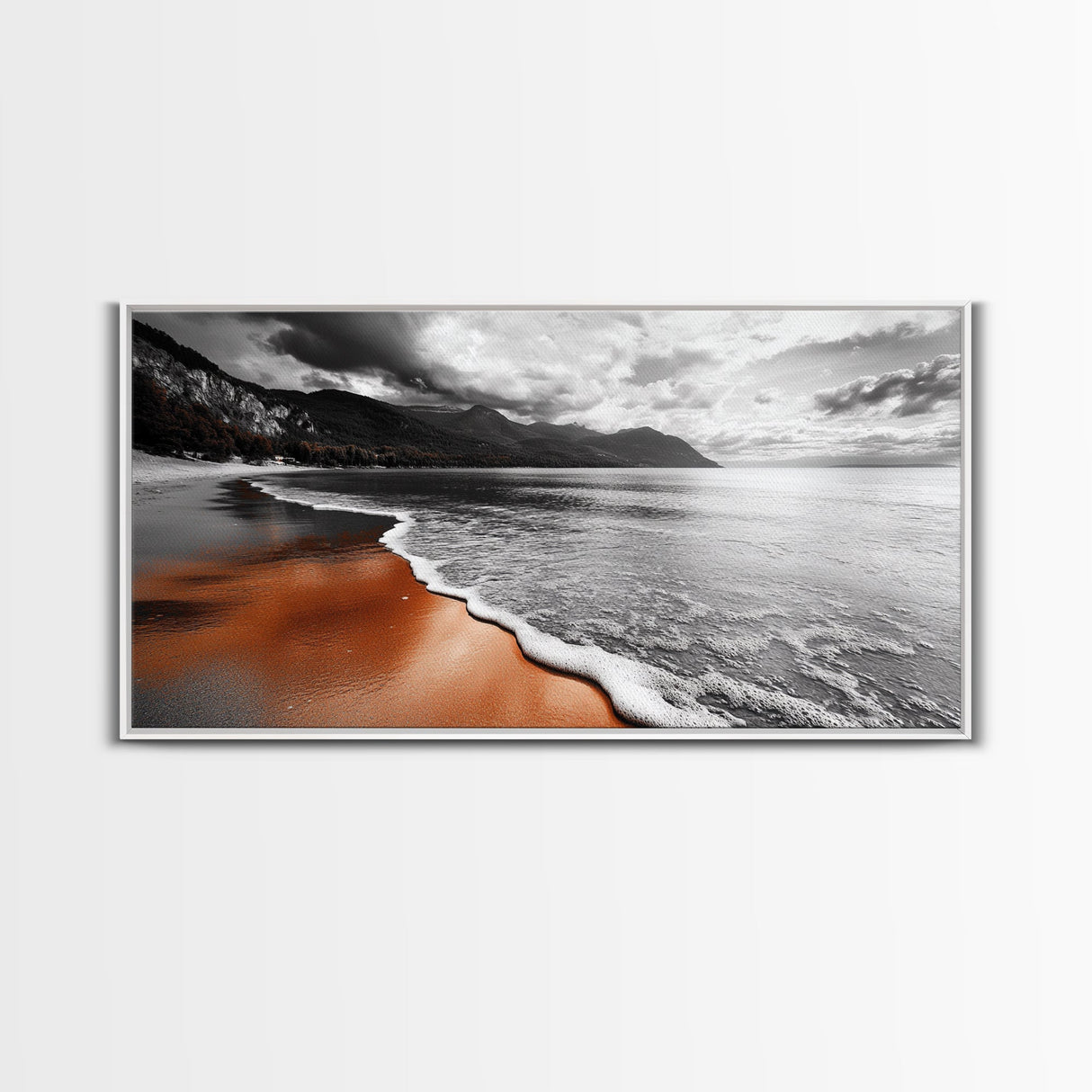 Sunset Shore, Moody Coastline, Crimson Reflections, Stormy Skies – Framed Canvas Print, Beach Wall Art, Coastal Living Room Decor