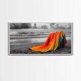Towel Beach, Ocean Breeze, Coastal Comfort, Relaxing Seascape, Framed Canvas Print, Bathroom Wall Art, Bold Colors, Summer Vibes
