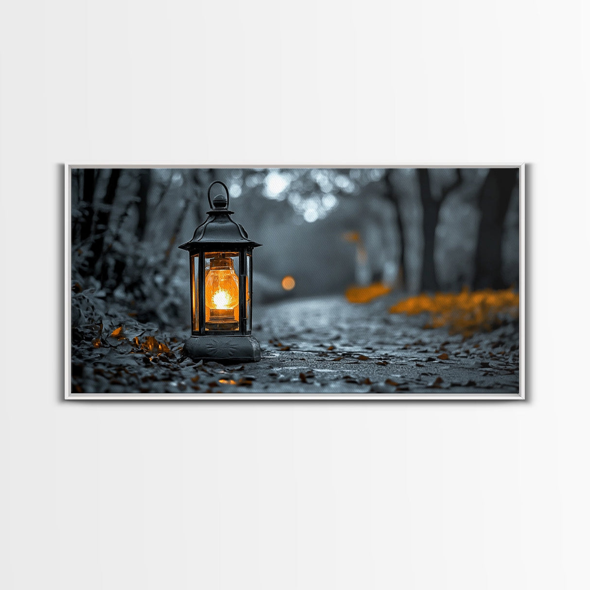 Lantern Glow, Forest Trail, Autumn Leaves, Soft Light, Framed Canvas Print, Fall Wall Art, Rustic Entryway Decor, Nature Photography Print