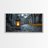 Lantern Glow, Forest Trail, Autumn Leaves, Soft Light, Framed Canvas Print, Fall Wall Art, Rustic Entryway Decor, Nature Photography Print