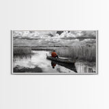 Solitary Canoe, Peaceful Waters, Cloudy Sky, Red Shirt, Framed Canvas Print, Nature Explorer Gift, Cabin Wall Art, Rustic Fall Scene