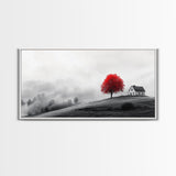 Red Tree Hilltop, Serene Winter Landscape, Peaceful Country Decor, Misty Morning Wall Art, Framed Canvas Print, Minimalist Bedroom Art