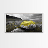 Yellow Moss Rock, Moody Nature Photography, Icelandic Landscape Art, Wilderness Inspired Canvas Print, Rustic Cabin Wall Decor