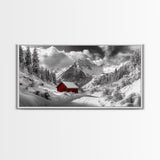 Red Cabin, Winter Mountains, Snow Forest, Canvas Print, Christmas Wall Art, Rustic Lodge Decor, Landscape Photography, Bedroom Art