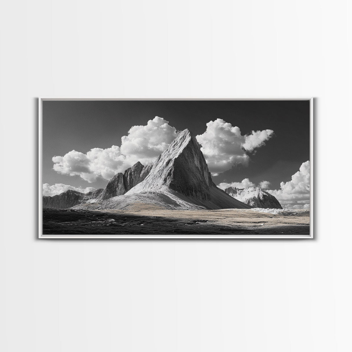 Dramatic Peak, Cloudy Sky, Monochrome Nature, Canvas Print, Minimalist Mountain Wall Art, Office Decor, Black White Landscape