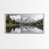 Serene Lake, Snowy Peaks, Forest Reflection, Canvas Print, Nature Photography, Modern Living Room Art, Black White Green Decor