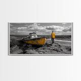 Yellow Boat, Lonely Man, Moody Shore, Framed Canvas Print, Coastal Wall Art, Nautical Decor, Masculine Home Office Style