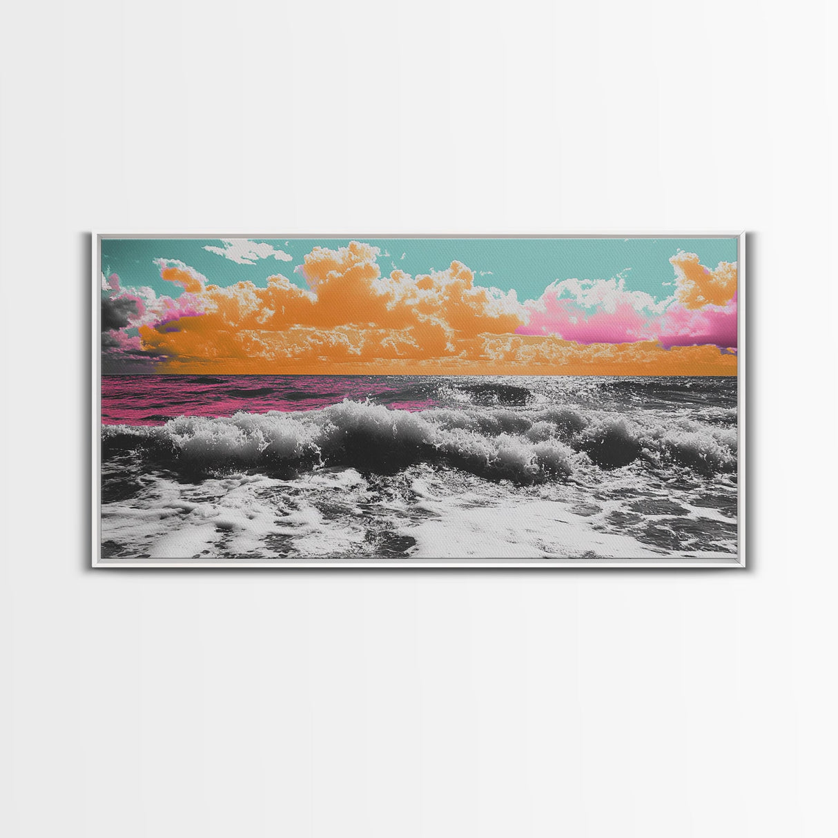 Vibrant Ocean, Sunset Sky, Colorful Waves, Canvas Print, Surreal Coastal Wall Art, Bathroom Decor, Modern Beach Aesthetic