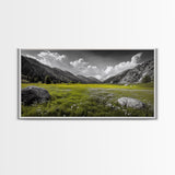 Mountain Meadow, Alpine Landscape, Nature Photography, Wildflower Field, Framed Canvas Print, Bedroom Wall Art, Summer Vibes, Scenic Escape