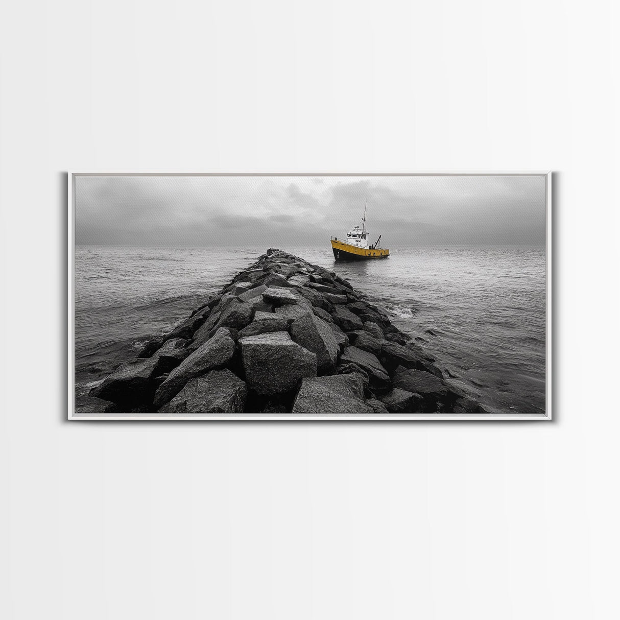 Ship At Sea, Yellow Boat, Ocean Journey, Nautical Photography, Canvas Print, Coastal Wall Art, Bathroom Decor, Minimalist Ocean Art
