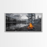 Campfire Sunset, Lake Reflections, Wilderness Escape, Nature Serenity, Framed Canvas Print, Rustic Decor, Autumn Wall Art, Living Room