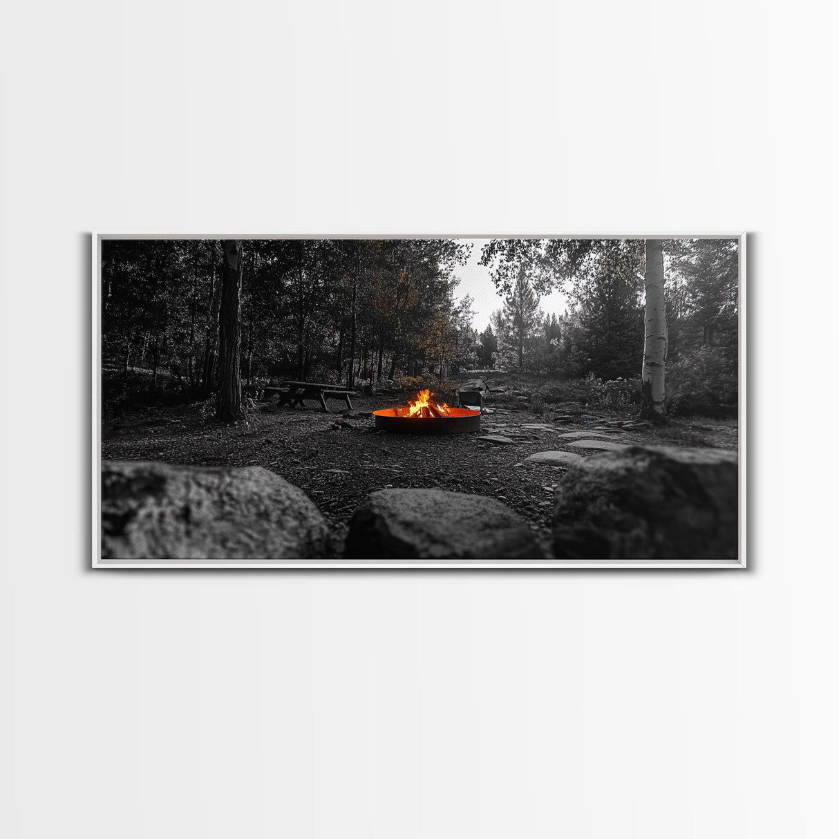 Forest Campfire, Glowing Flames, Outdoor Retreat, Cozy Autumn, Framed Canvas Print, Rustic Wall Decor, Fall Living Room Art, Nature Scene
